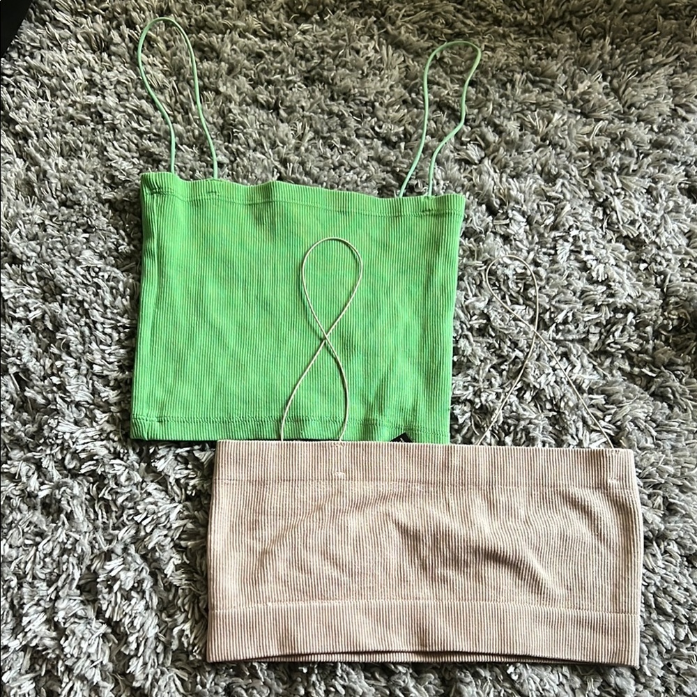 Green and Tan Ribbed Crop Tops